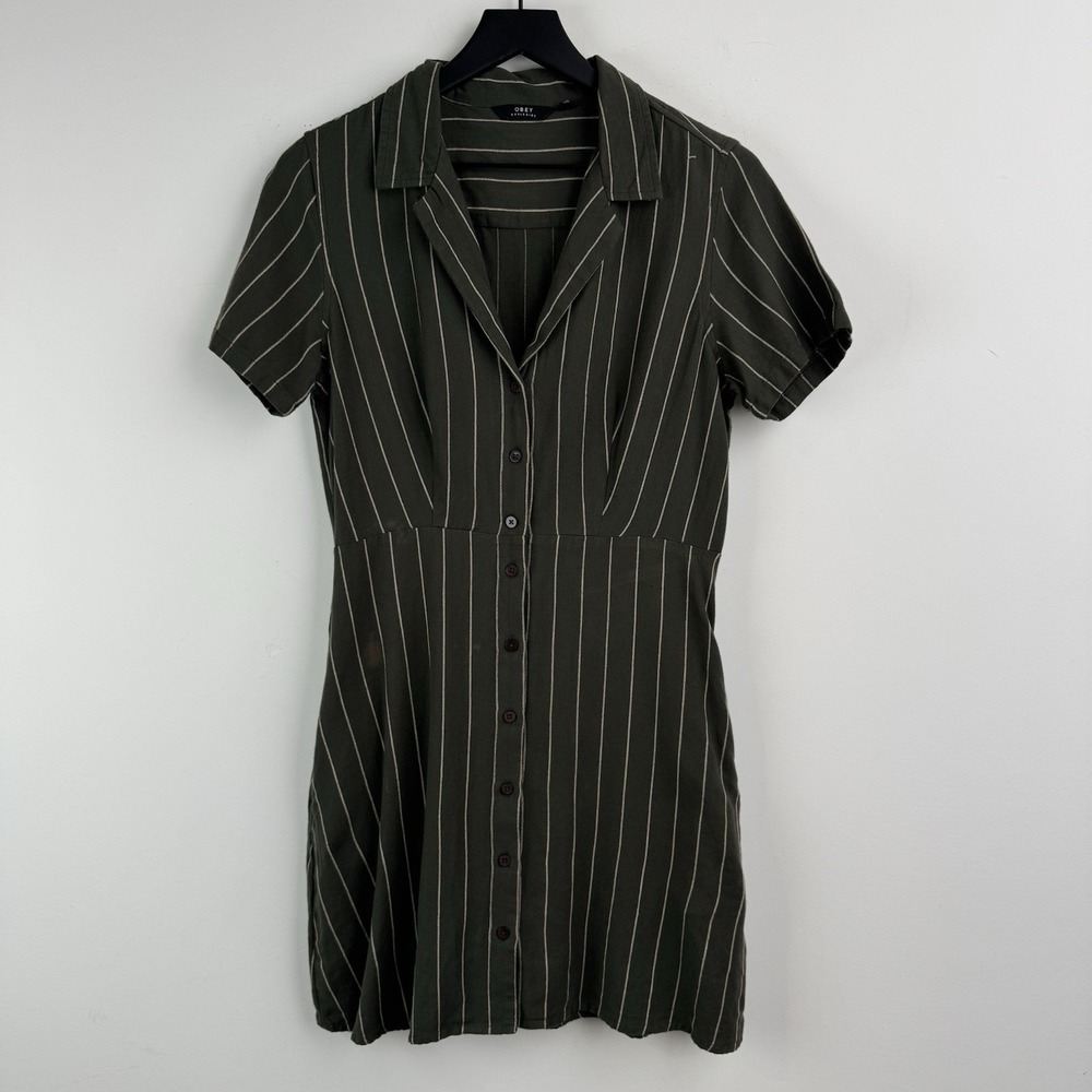 Obey Shirt Dress Womens Medium Brown Stripe Button Front Streetwear Short Sleeve